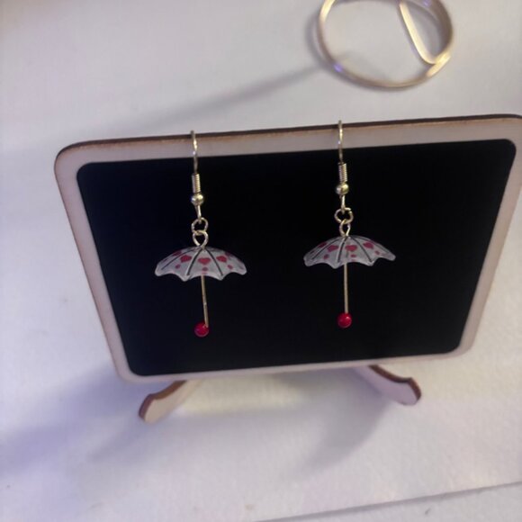 Handmade Unique One of a Kind Umbrella Red Heart Earrings - Picture 1 of 6